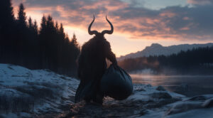 Krampus med sæk der går ned mod floden